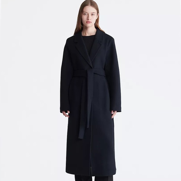 Calvin Klein, XS Black Wool Tie Waist Overcoat - Picture 1 of 1